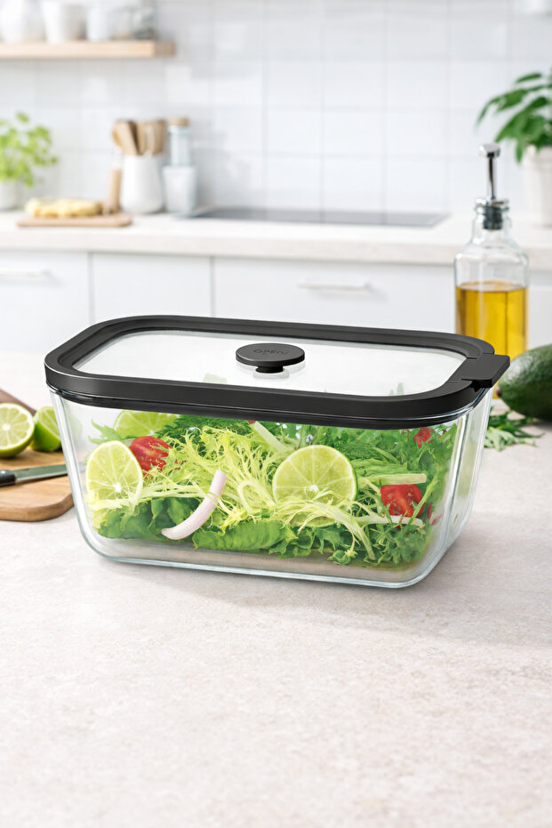 2620 ml Large Size Glass Storage Container with Vacuum Black Lid, Microwave & Refrigerator Compatible, 23X17X11 cm