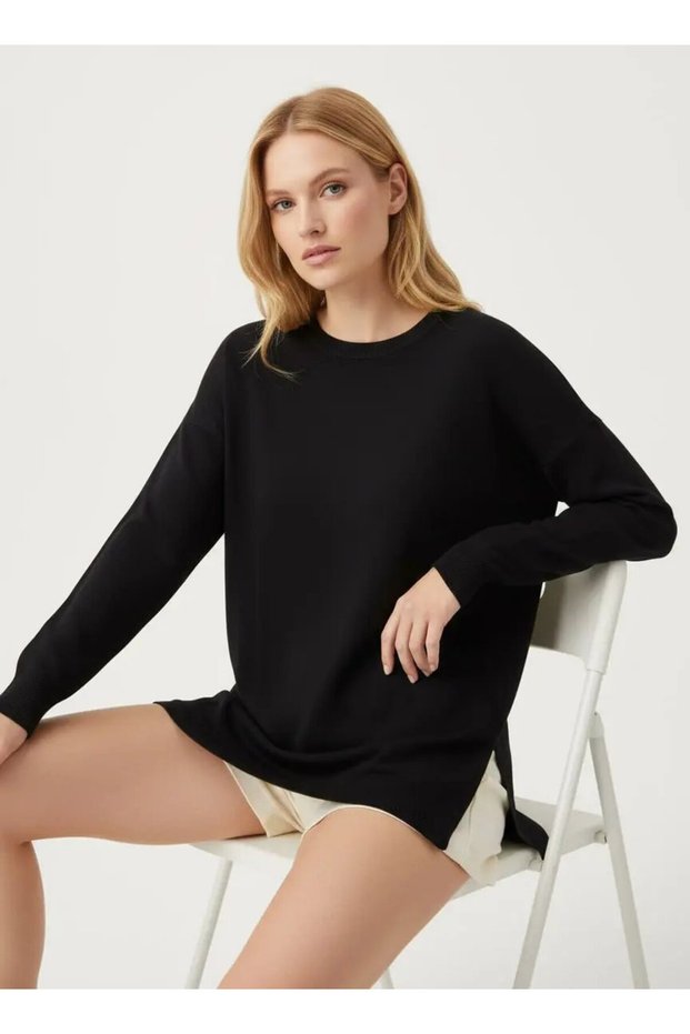 Women's Crew Neck Sweater with Slit Premium Yarns on the Sides, Casual Knitwear 12410.Vrt