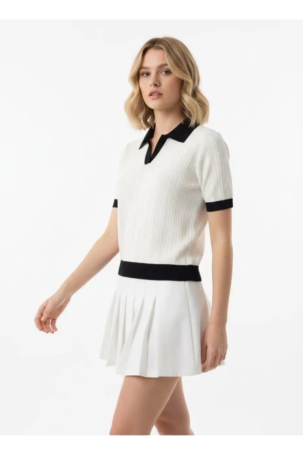 Women's Polo Neck Lace-Like Knit Knitted Detail Knitwear Sweater 12430