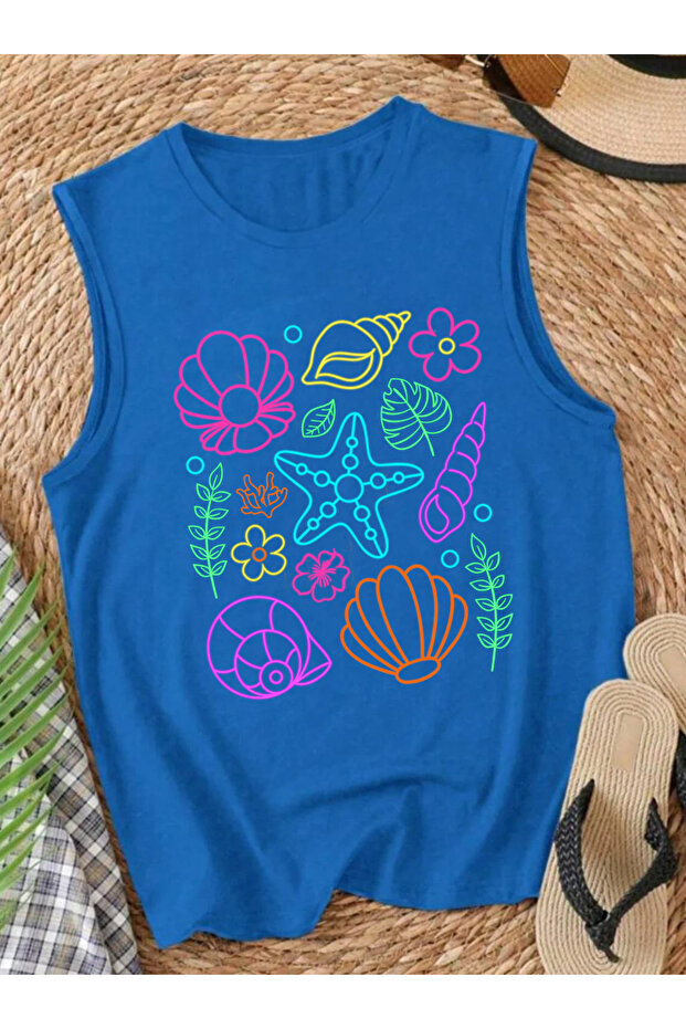 Summer Neon Sea Shell B Printed Summer Sleeveless Crew Neck Women's Tshirt