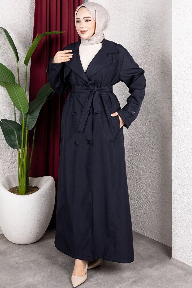 Belt Detail and Lined Full Length Trench Coat Navy Blue