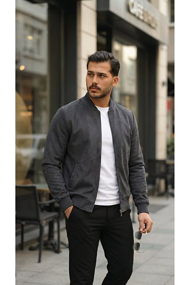 Men's Front-Zippered Jacket with Lined Suede Pockets Inside - 3