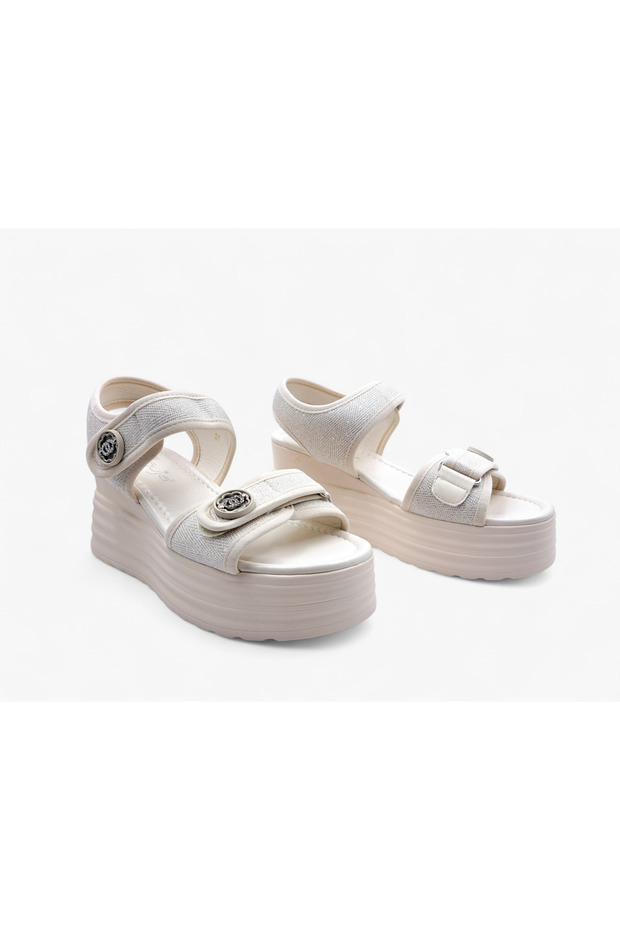 Wedge Sole Velcro Glittery Fabric Beige Women's Stylish and Comfortable Sandals