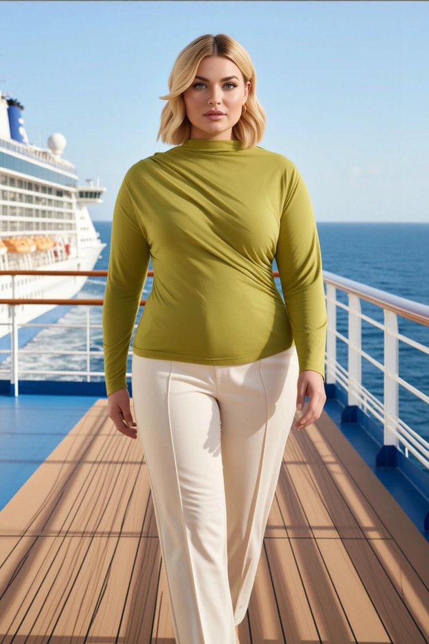 Women's Plus Size Blouse Mock Neck Long Sleeve Knitted Fabric Ruched Detail Fitted Fit Sandy Woven