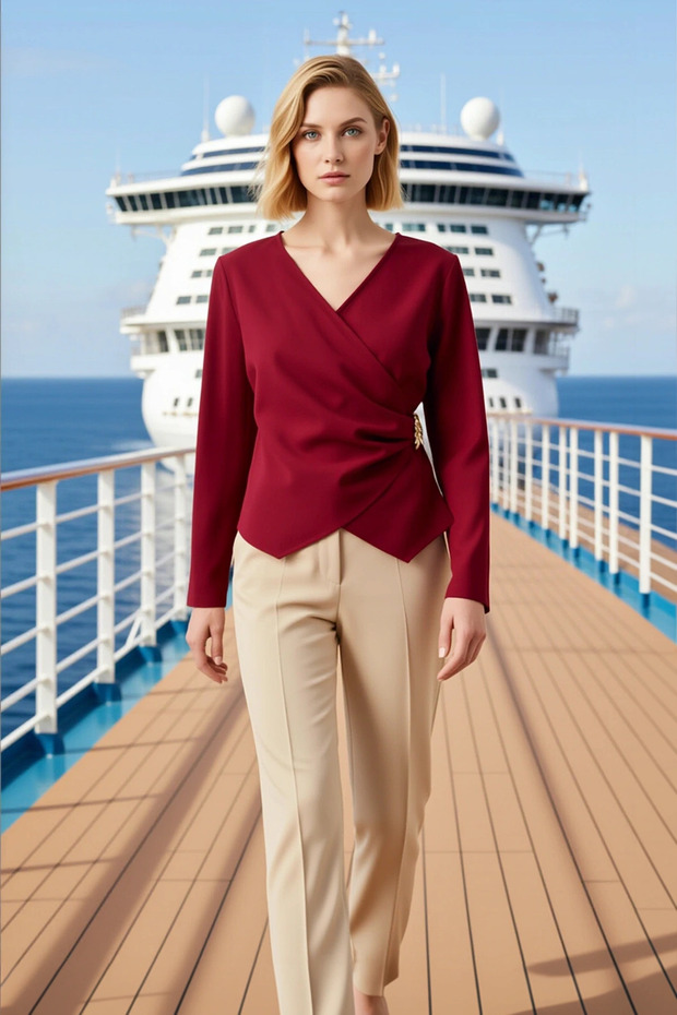 Women's Blouse Double-Breasted Collar Long Sleeve Finike Woven Fabric Buckle Detail Fitted Fit Regular Length Plain Pattern