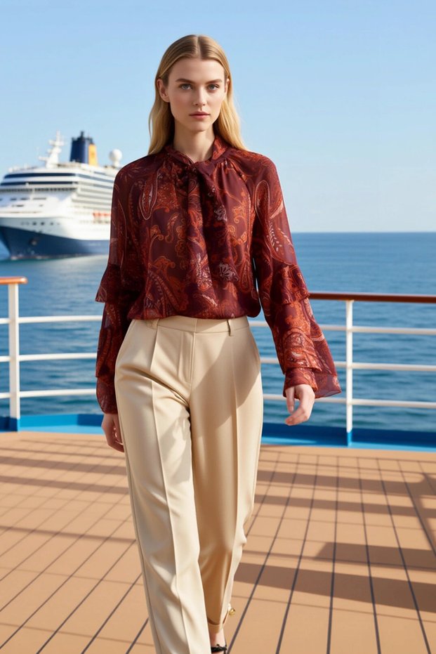 Women's Blouse Shawl Collar Long Ruffle Sleeve Patterned Sheer Chiffon Woven Regular Fit Modern