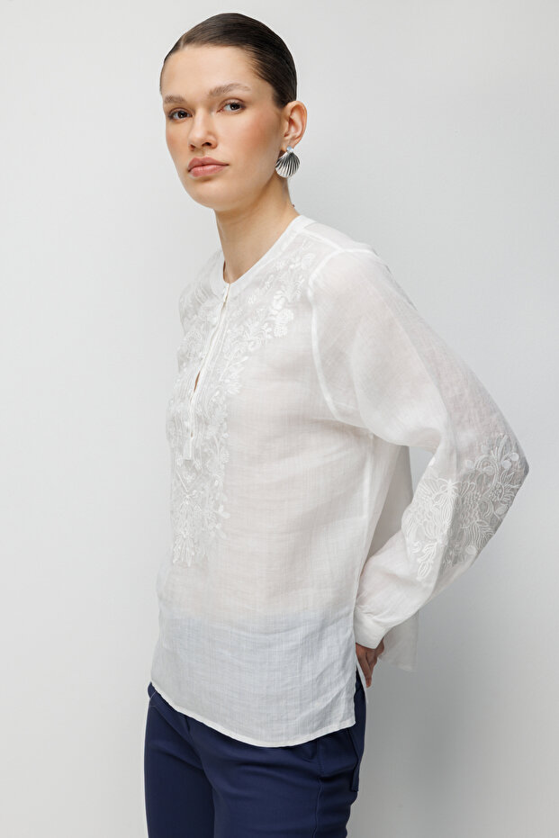 İşlemeli Keten Bluz - 2