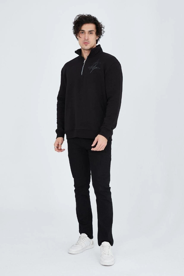 سترة نصفية بسحاب مطبوع - أسود - 1