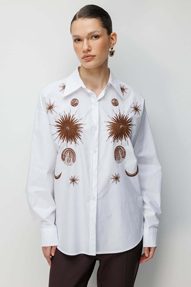 İşlemeli Oversize Pamuk Gömlek - 1