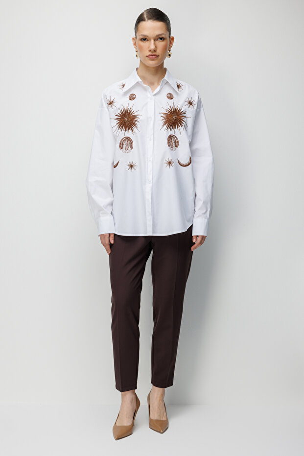 İşlemeli Oversize Pamuk Gömlek - 4