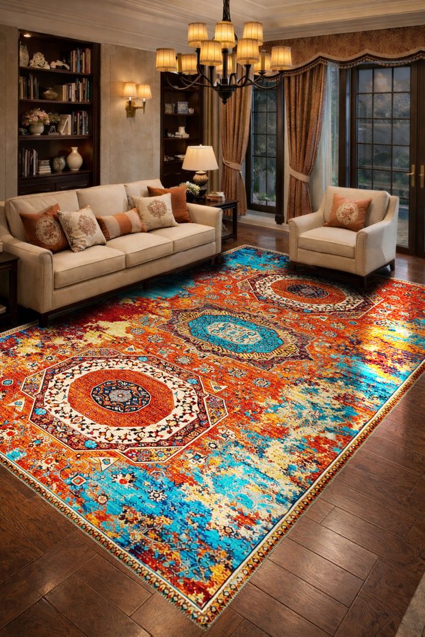 Mosso Green Theme Flower and Cheetah Figure Patterned Woven Base Modern Decorative Rug Mosso3241