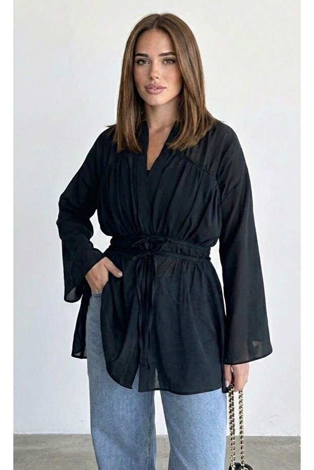 Black Voile Shirt with Elastic Waist Linen