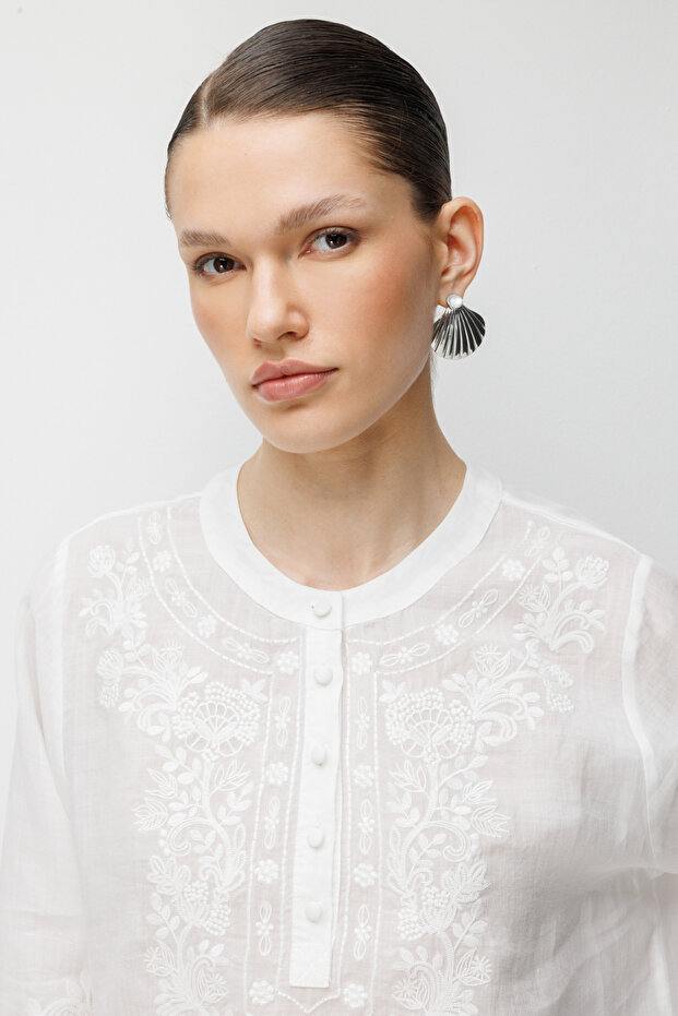 İşlemeli Keten Bluz - 3