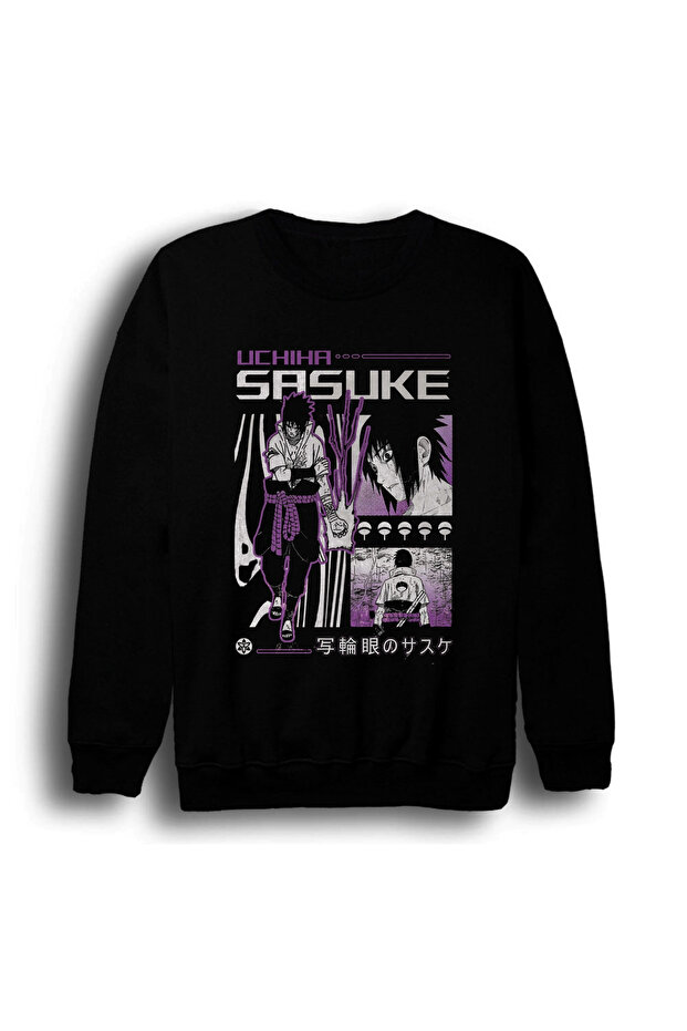 Naruto - Sasuke Uchiha - Anime Printed Unisex 100% Cotton Crew Neck Black Sweatshirt