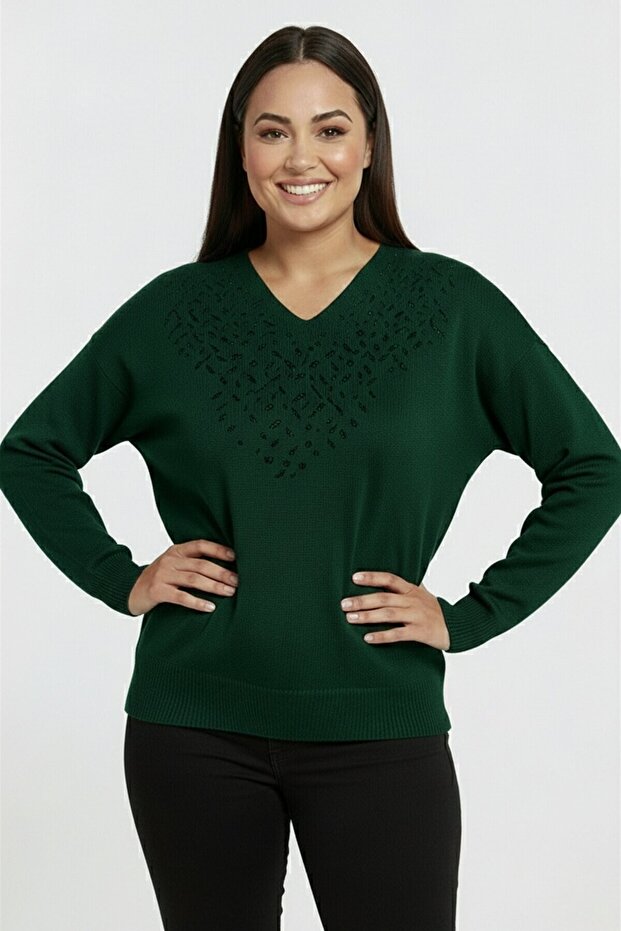 Women's V-Neck Front Glitter Detailed Plus Size Knitwear Blouse