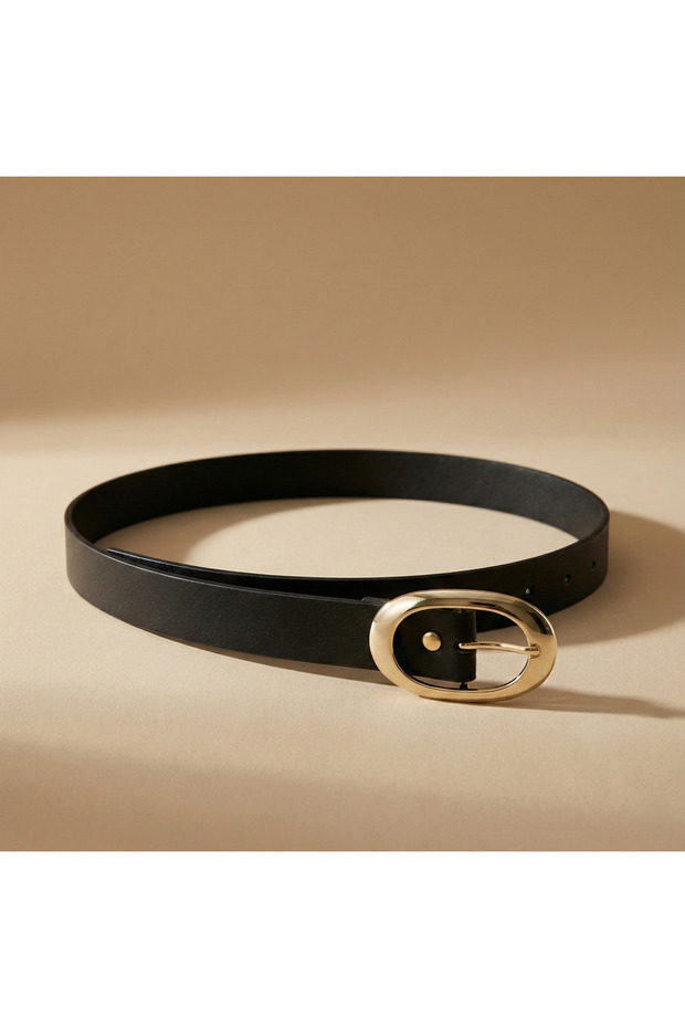 Black Gold Buckled Women's Belt – Minimal Chic Leather-Look Waist Belt I