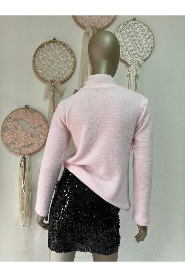 Pembe Triko Kadın fularlı Kazak - 3