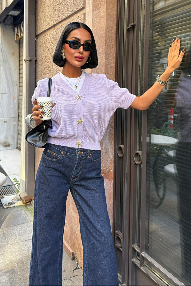 Gold Buttoned V-Neck Knitwear Lilac Cardigan