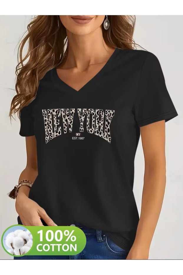 Printed T-Shirt, Short Sleeve V Neck Summer & Spring Casual Top, Women's Clothing