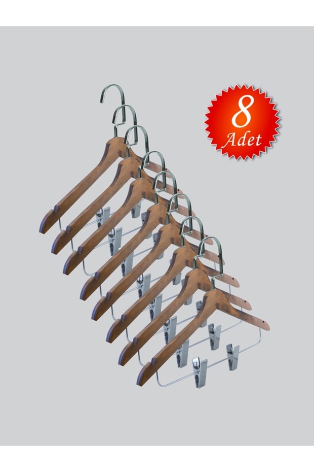 Wooden (Lama Silver Hook) Latch Shirt and Skirt Hanger Walnut Color 8 Pieces