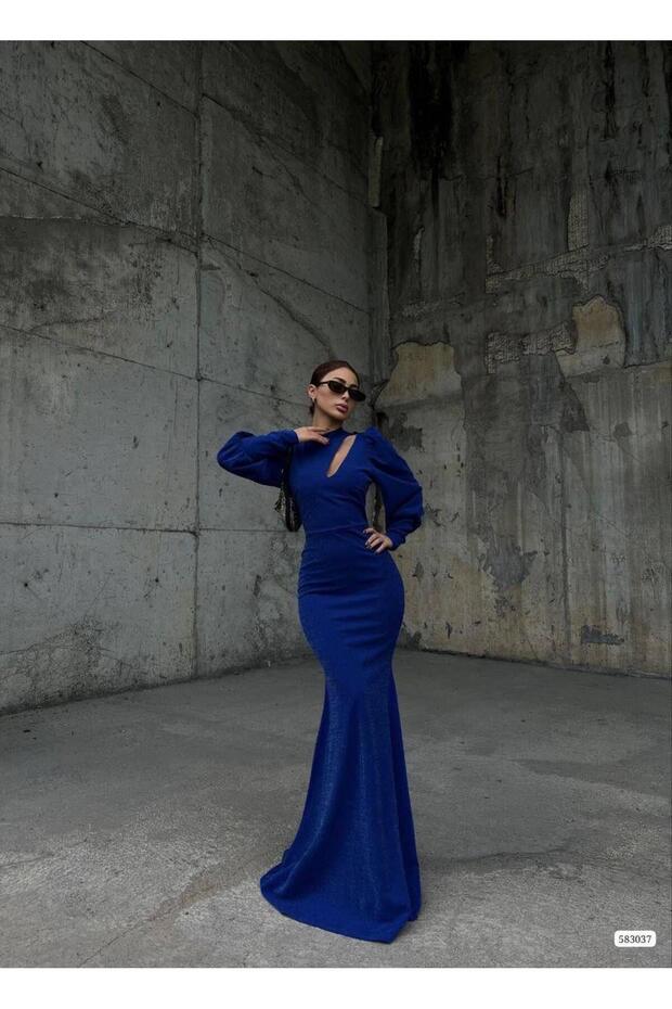 Cobalt Balloon Sleeve Plunging Neckline Glittery Long Evening Dress 583037