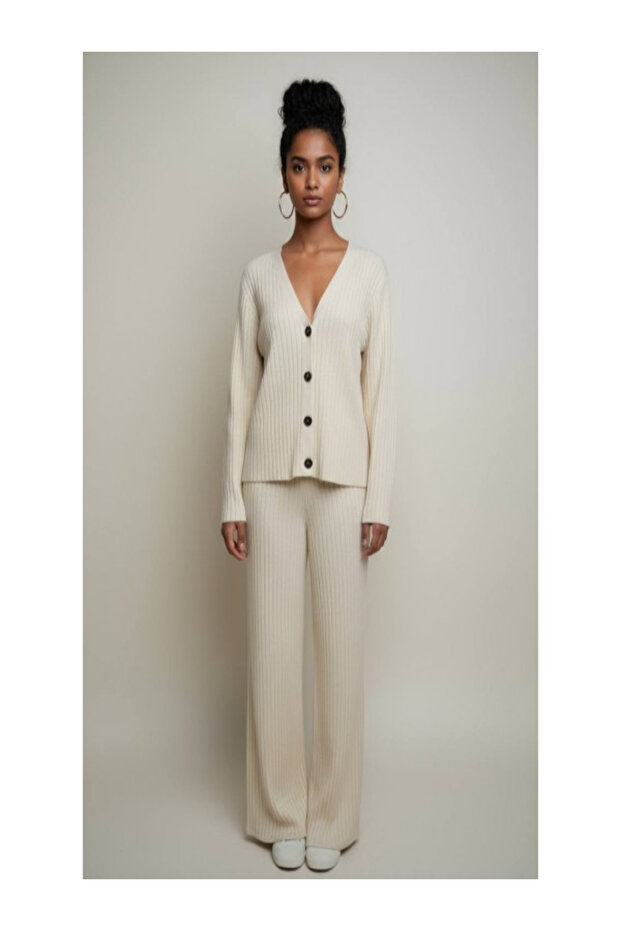 V-Neck Cream Knitwear Cardigan Trouser Set