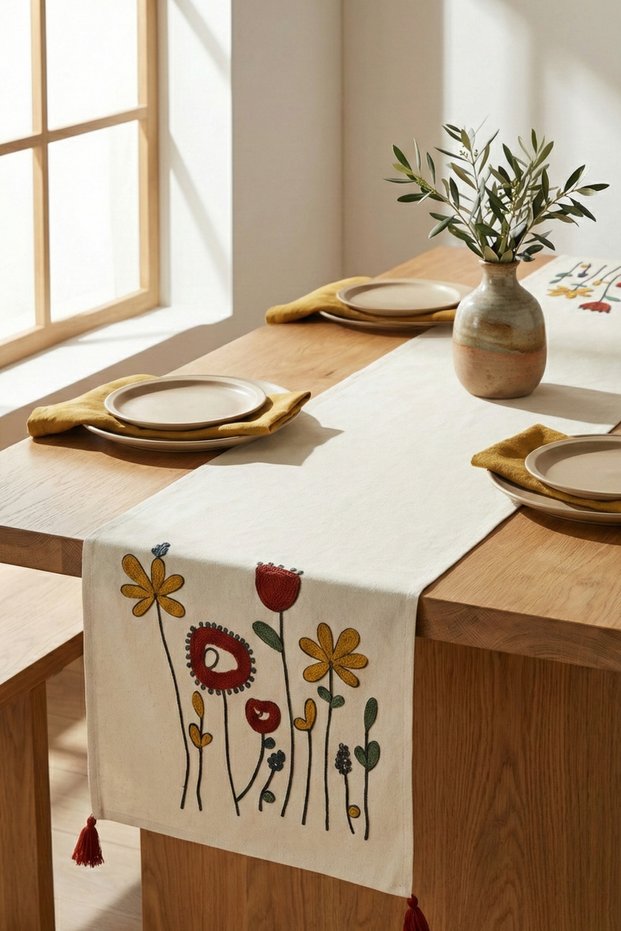 Bohemian Poppy Floral Punch Embroidery Table Runner (40X130 cm) Cotton Panama Linen