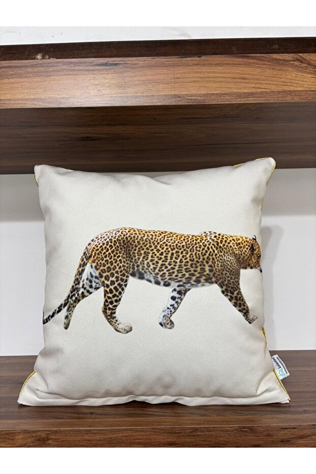 E812 Gold Color Piped Cream Floor Mat Double Sided Leopard Printed Pieces Cushion Cover