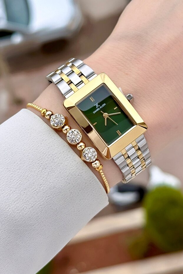 22 mm Women's Wristwatch and Bracelet with Green Dial, Gold Gray Color, Adjustable Strap