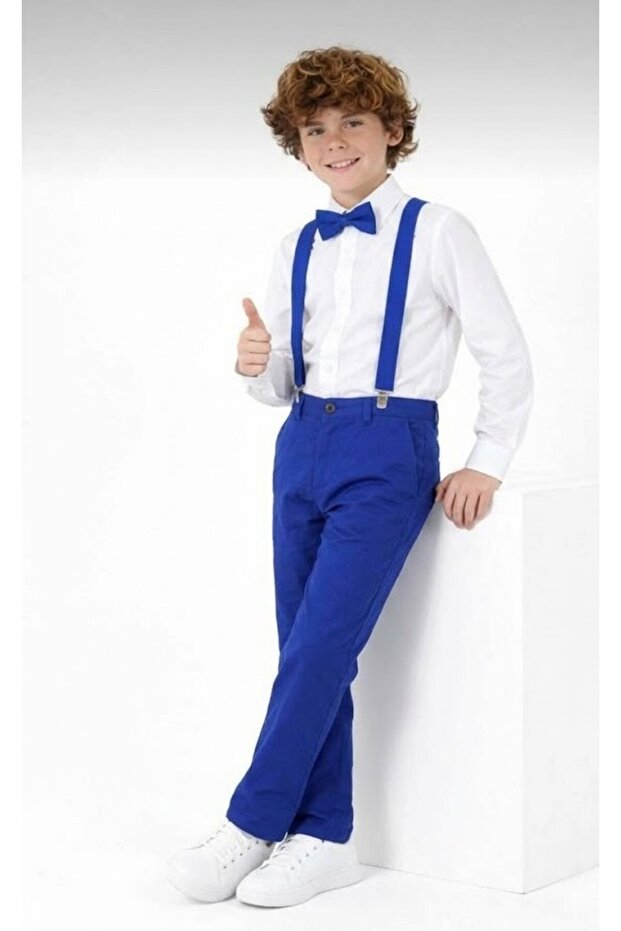 Boys' April 23 October 29 White Long Sleeve Shirt Dark Blue Pants Dark Blue Suspender Bow Tie Suit