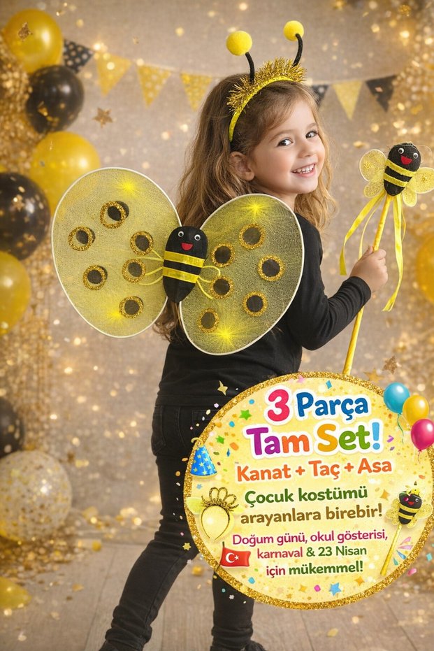 Honeybee Costume Set (Wings+Crown+Staff) Tulle Wings Kids | Suitable for Ages 3-8