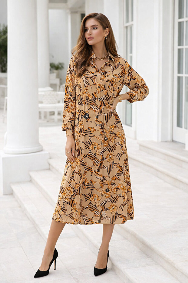 Women's Beige Cotton Satin Buttoned Patterned Long Sleeve Midi Length Premium Dress