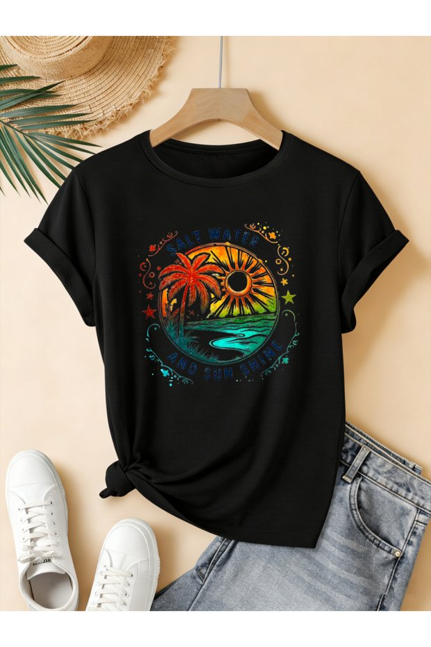 Women's Mix Printed Crew Neck Regular Fit Oversized T-Shirt