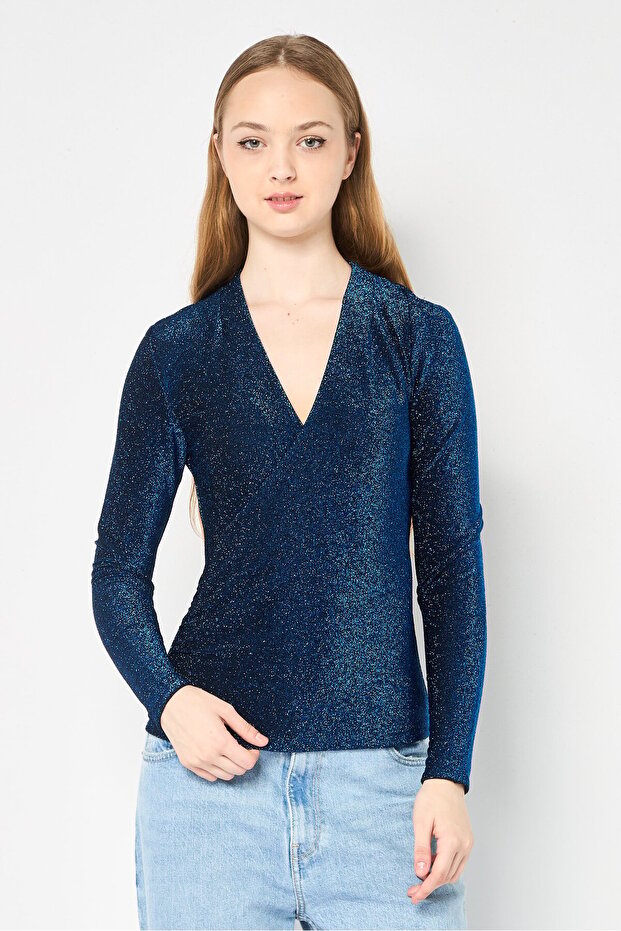 Women Surplice Neck Long Sleeve Metallic Blouse, Blue