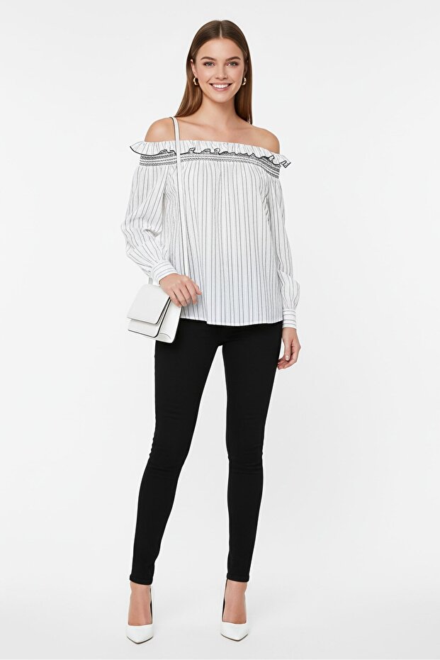 Women Straight Across Long Sleeve Stripe Blouse, White