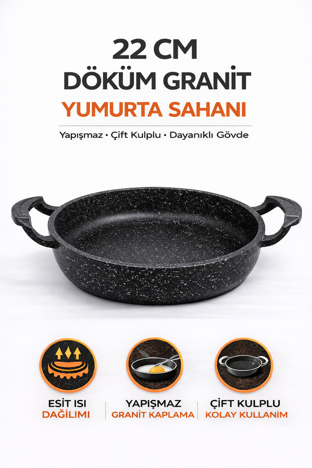 22 cm Cast Iron Egg Pan with Granite Coating and Double Handles, Non-Stick Frying Pan