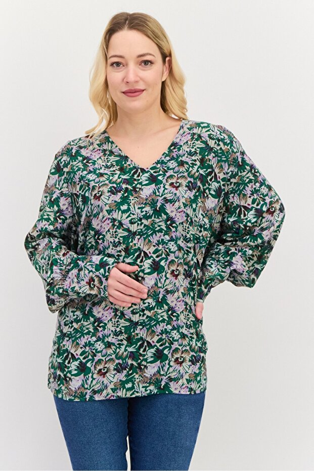 Women V-Neck Long Sleeves Floral Print Blouse, Green Combo