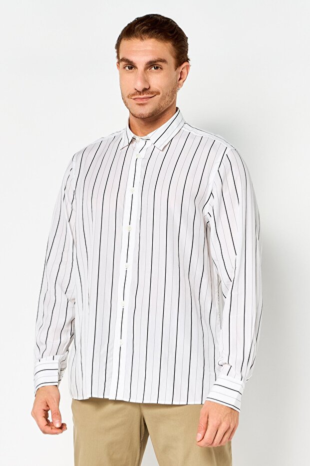 Men Regular Fit Stripe Long Sleeve Dress Shirt, White
