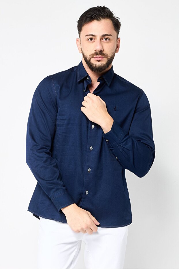 قميص رجالي كاجوال بأكمام طويلة وقصّة Slim Fit، أزرق داكن