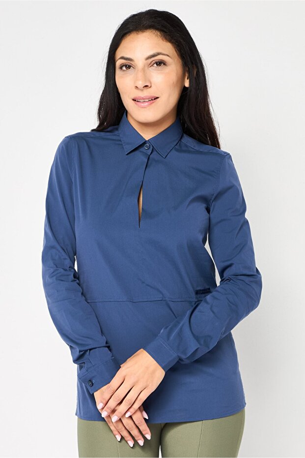 Women Spread Collar Long Sleeve Plain Shirt, Blue