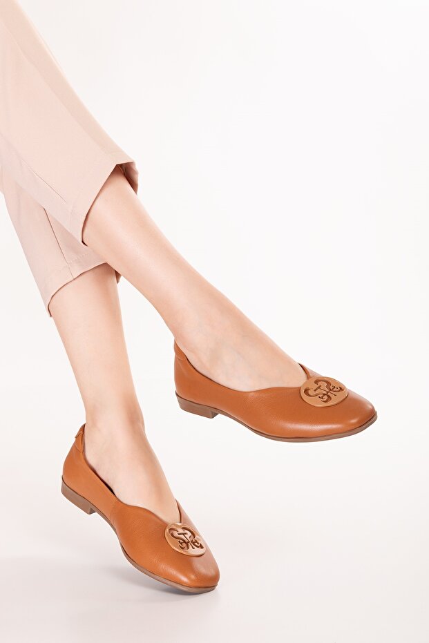 Genuine Leather Women's Daily Ballet Flats Shoes Esl.5016 Tan