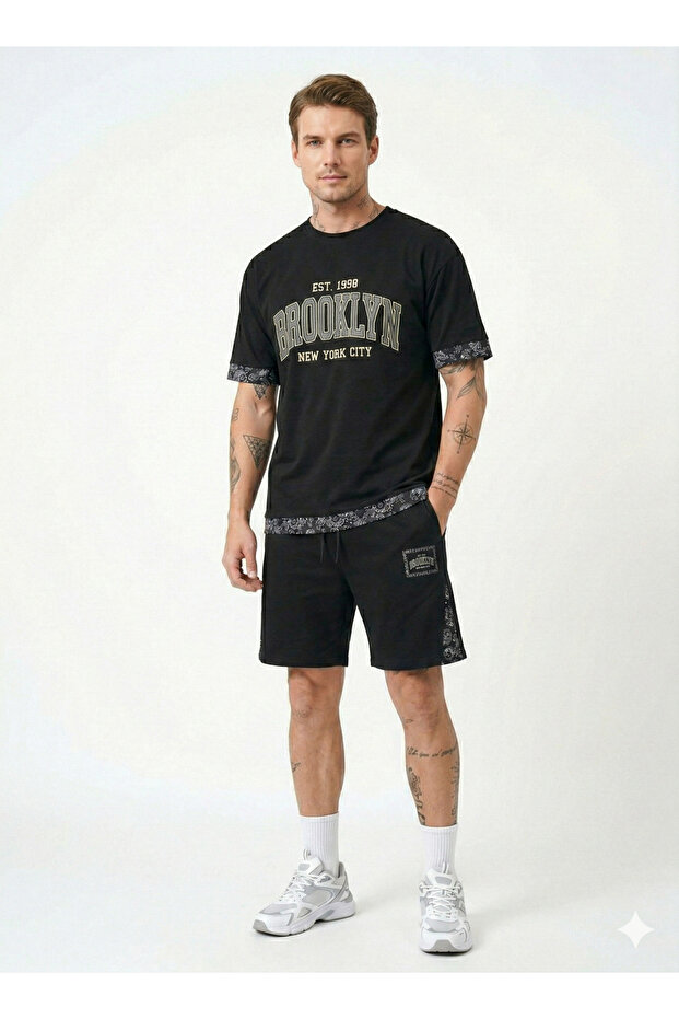 Men's Black Shorts and T-Shirt Set – Oversized Summer Top and Bottom Sports Set Casual Combination