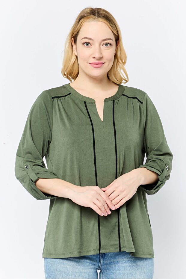 Women Split Neck Roll Tab Sleeve Solid Blouse, Olive - 1