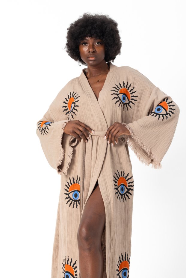 Muslin Kimono 100% Cotton Sun Eye Printed Patterned Bathrobe Kaftan Dressing Gown Beige