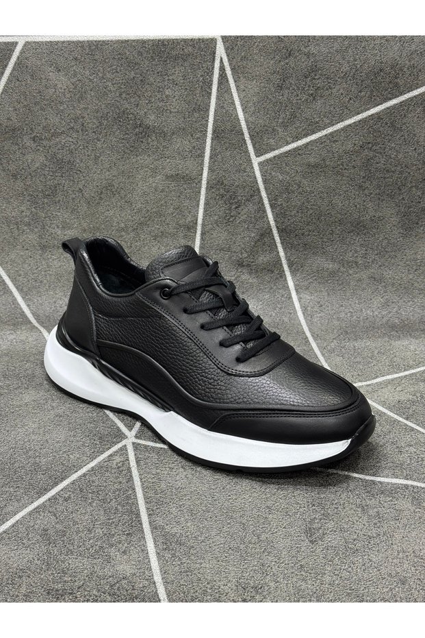 Black Genuine Leather Lace-Up Sneakers