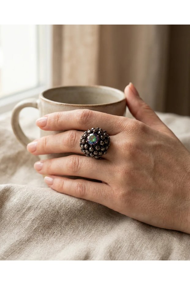 Bronze Jewelry Authentic Mystic Topaz and Marcasite Stone Topaz Model Adjustable Vintage Women's Ring