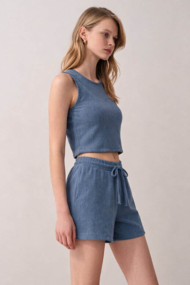 Kadın Bürümcük Basic Askılı Crop Kısa Şort Alt Üst Şortlu Takım - 2