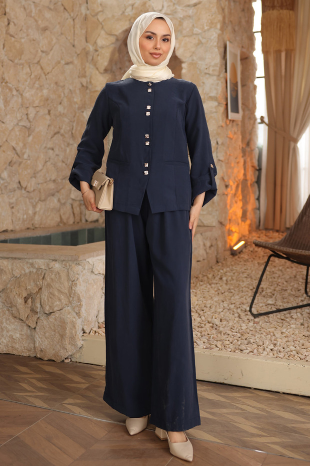 Navy Blue Buttoned Jacket and Pants Set