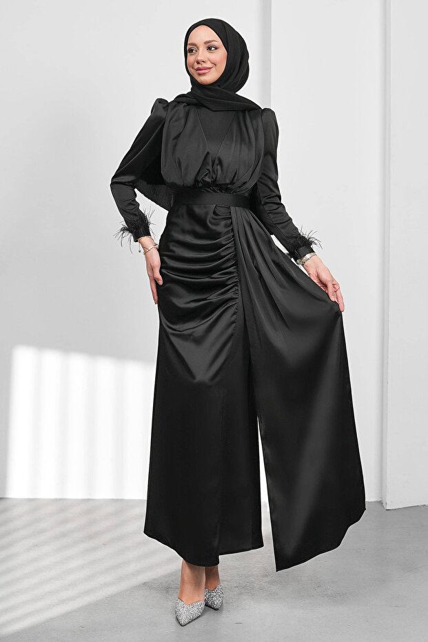 Black Belt Piece Fish Model Satin Evening Dress with Draped Front