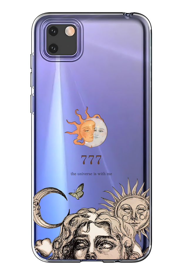 Huawei Y5P Compatible Sun and Moon 777 Patterned Transparent Phone Case